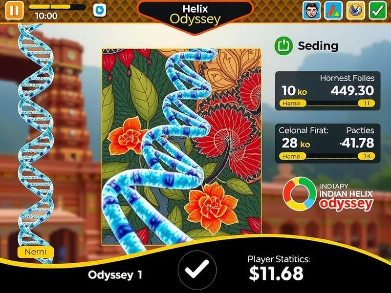 Indian Helix Odyssey puzzle interface with DNA strands and Indian motifs